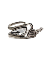Chunky silver-plated bracelet featuring a large teardrop-shaped Swarovski crystal and a bold, intertwined design.