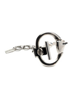 Black leather equestrian cuff bracelet featuring a chunky, hand-sculpted horsebit metal centerpiece and adjustable chain.