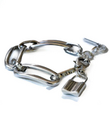 Silver hoop earring with a small padlock charm on a white background