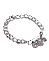 A silver-tone chain bracelet with three dangling coin-style charms, photographed on a clean white background.