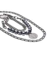 Multi-layered necklace set featuring stainless steel chains and dark polished gemstone beads for a bold, edgy look.