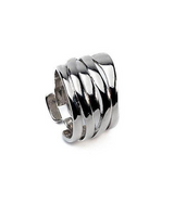 Adjustable silver-plated copper ring with irregular geometric design featuring asymmetrical lines.