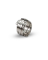 Adjustable silver-plated geometric ring with layered, asymmetric design, showcasing an edgy and unique style.