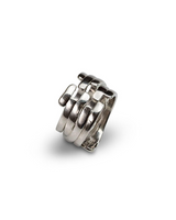 Silver-plated irregular geometric ring with clean, asymmetric lines, adjustable for a perfect fit.