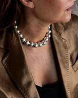 Layered silver ball chain choker set worn on a model, featuring chunky spherical links and a sleek, polished finish.