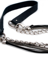 Black leather belt with silver chain details on a white background