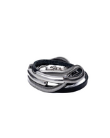 Black leather wrap bracelet featuring a snake chain that wraps twice around the wrist, with a silver-plated hammered bangle.