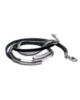 Black leather wrap bracelet with silver snake chain detailing, featuring a magnetic closure and adjustable extension chain.