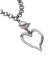Chunky heart statement jewelry set featuring a silver-tone choker with a hammered heart pendant, and a T-clasp bracelet.