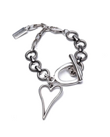 Chunky silver bracelet featuring a heart charm and T-clasp, with textured links for a standout look.