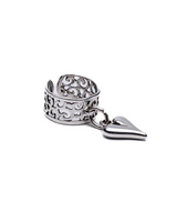 Chunky heart statement ring with an intricate cutout design, featuring a dangling heart pendant, in sterling silver.