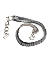 Silver hematite wrap bracelet featuring polished hematite beads, adjustable fit, and two curved metal bars for an edgy look.