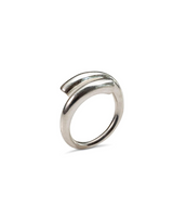 A polished silver ring with a unique, open, curved design resembling a stylized letter 'O' or a loop, shown on a plain white background.