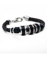Silver leather men’s bracelet featuring dark brown PU leather with strong silver-plated metal accents and a clasp.