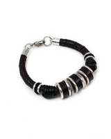 Silver leather men’s bracelet featuring dark brown PU leather and strong silver-plated metal elements.