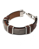 Bracelet with brown leather strap and silver mesh design on a white background