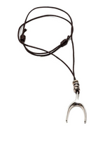 Silver hook pendant on a black cord against a white background