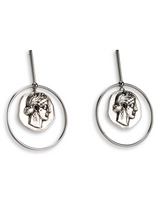 Brass earrings featuring a large coin pendant within a sleek metal hoop, showcasing a contemporary design.