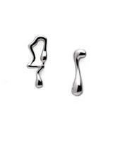 A pair of polished silver abstract drop earrings on a solid white background.