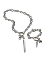 Silver chain bracelet with charms on a white background
