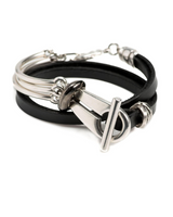 Black leather wrap bracelet featuring a funky silver clasp, designed in a rock style with adjustable chain links.
