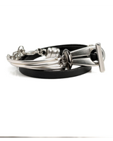 Black leather wrap bracelet featuring a funky silver clasp with Zamak metal accents and a lobster clasp for adjustable fit.
