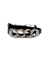 Black leather bracelet with silver chain links on a white background