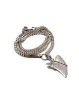 Multi-layer wrap bracelet featuring a silver Great White Shark tooth pendant and chunky heavy metal chains.