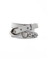 White leather belt with silver hardware on a white background
