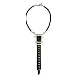 Necklace with black strap and silver accents on a white background