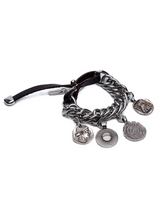 Chunky metal bracelet featuring antique-style coin charms and a genuine leather closure for adjustable fit.