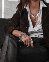 Chunky coin charm bracelet featuring antique-style coins and a genuine leather closure, worn on the wrist with bold rings.