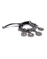 Chunky coin charm bracelet with leather closure features thick metal links and antique-style coin charms, secured with a leather strap.