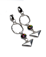 Colorful geometric dangle earrings featuring multicolored Swarovski crystals set in silver-plated metal, 4.2" long.
