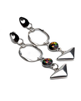Handmade geometric dangle earrings featuring multicolored Swarovski crystals, silver-plated design, and triangular drops.