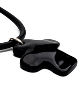 Large black asymmetric cross choker necklace with a chunky leather cord and oversized abstract cross pendant.