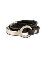 Unisex leather wrap bracelet in dark brown with a silver-plated metal o-ring and slip-through closure.