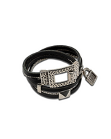 Black leather bracelet with chain, wrapping twice around the wrist, featuring a hammered silver clasp and padlock charm.