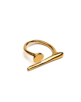 Adjustable modern asymmetrical statement ring in shiny gold stainless steel with a circular and linear design.