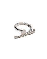 Contemporary asymmetrical ring in stainless steel with a smooth, curving design and adjustable fit.