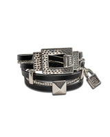 Black leather wrap around bracelet featuring a hammered metal clasp and padlock charm, accented with brass chain.