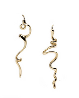 Asymmetrical abstract drop earrings in gold with irregular spiral designs, showcasing unique shapes and lightweight construction.
