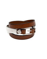 Triple wrap leather bracelet featuring a brown leather band with a chunky sterling silver metal cuff and magnetic closure.