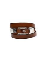 Triple wrap leather bracelet in rich brown, featuring a silver metal cuff and a secure magnetic closure.