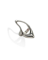 Sleek, silver plated geometric ring with an open design, showcasing smooth curves and a bold, modern style.