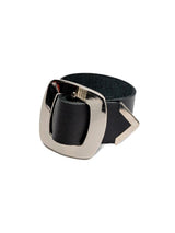 Wide black leather cuff bracelet featuring a large silver plated buckle, designed for adjustable fit.