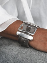 Chunky statement bracelet featuring large zamak slider bars and flat brass chain, finished in antique silver plating.
