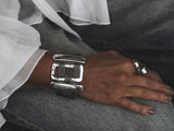 Chunky statement bracelet featuring large zamak slider bars and flat brass chain in antique silver plating.