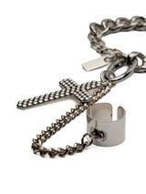 Gothic cross hand chain bracelet featuring a large cross pendant and adjustable silver-plated ring, crafted from stainless steel.