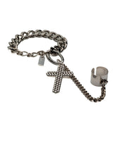 Stainless steel chain hand bracelet featuring a large gothic cross pendant and adjustable ring in antique silver finish.
